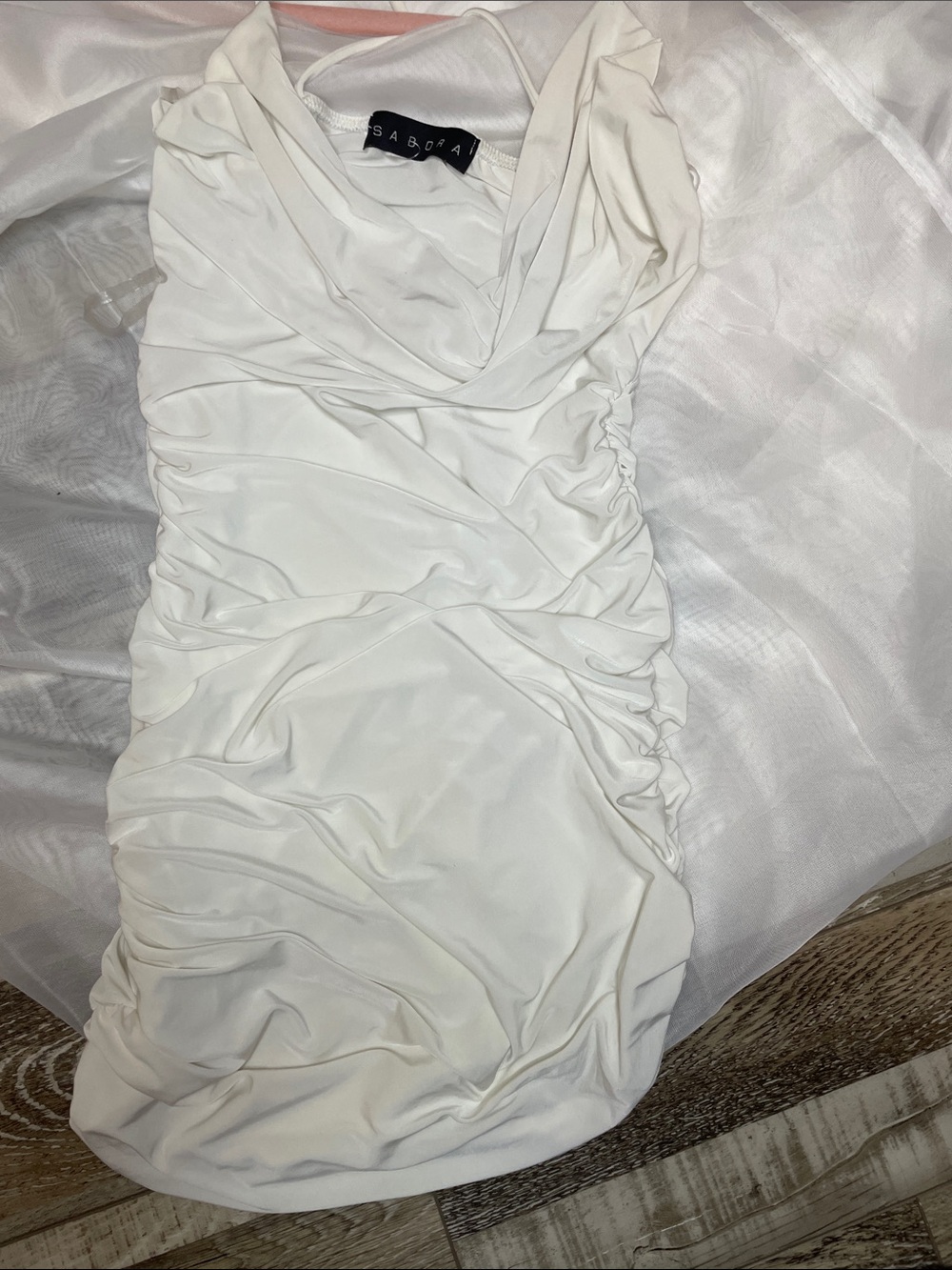 Clubbing Sabora White Ruched Cowl Neck Mini Dress